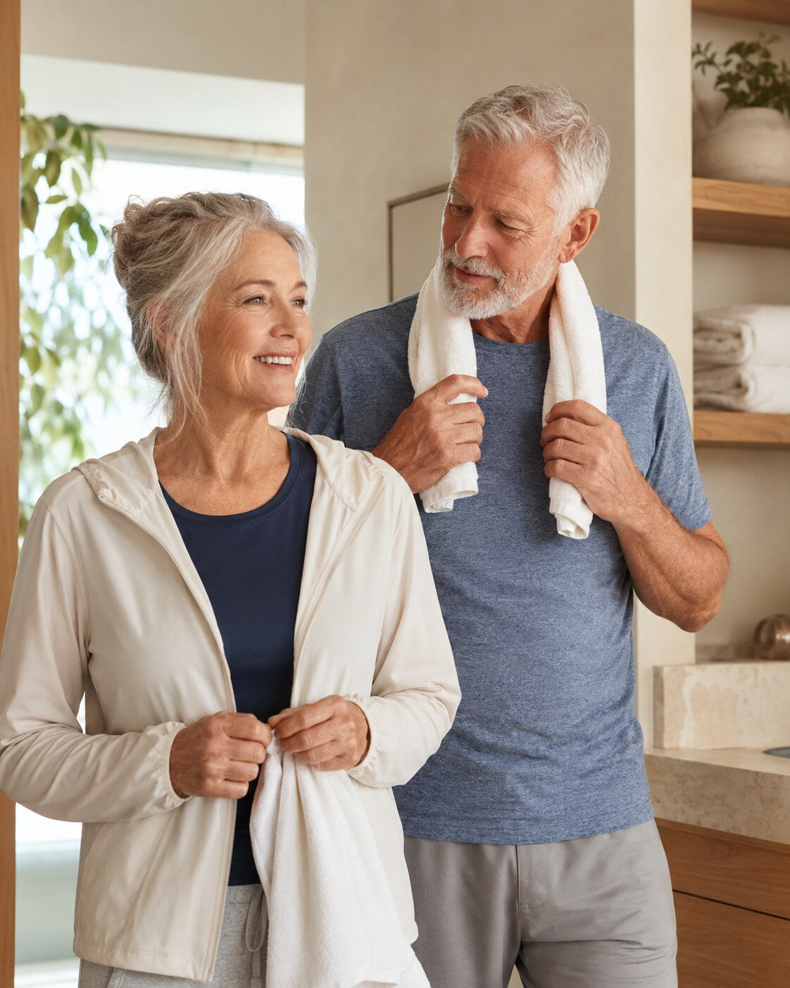 Older American couple after a morning walk, illustrating normal changes in body odor with age