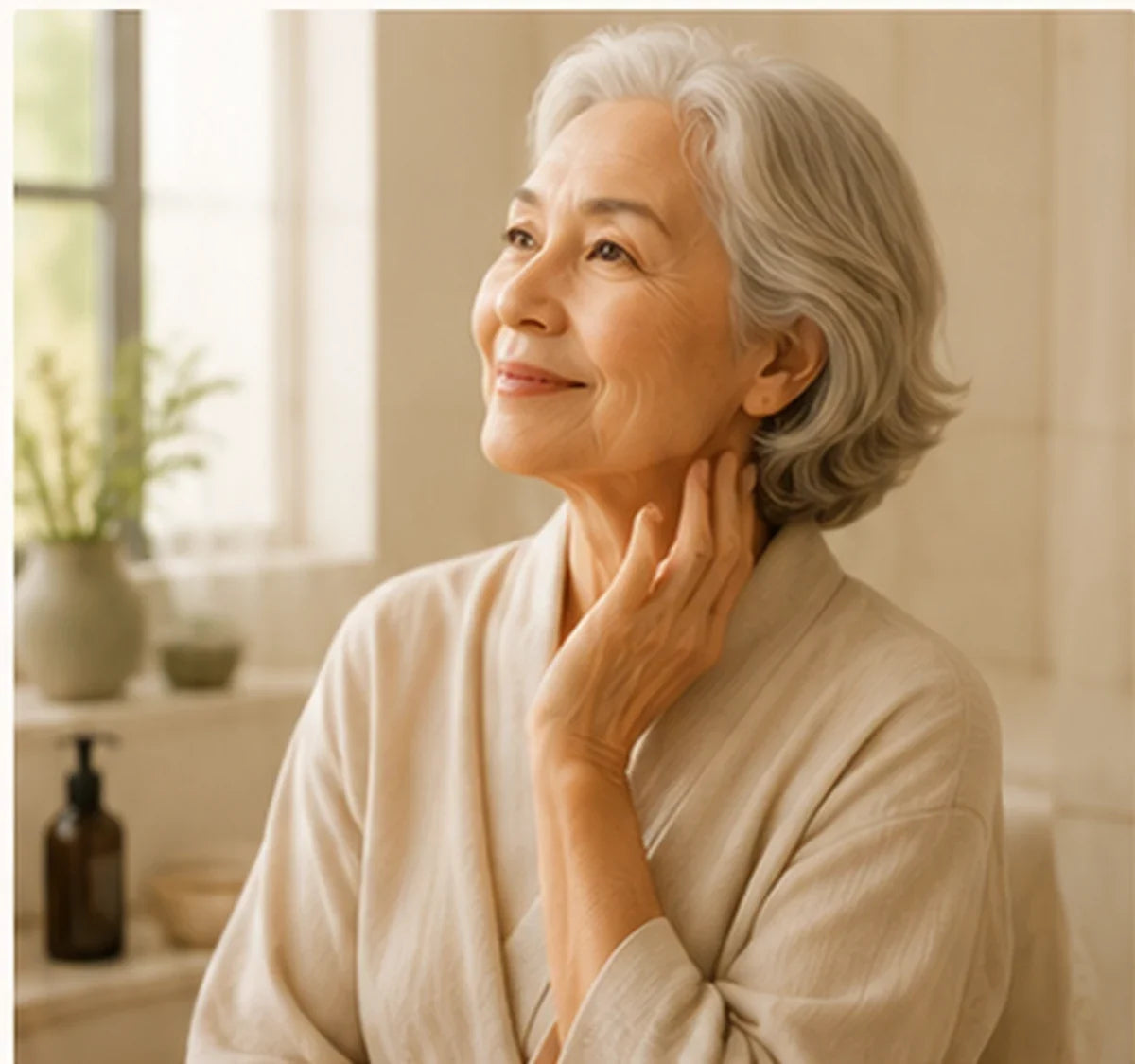 Older woman in a warm bathroom as part of a guide to Japanese persimmon soap