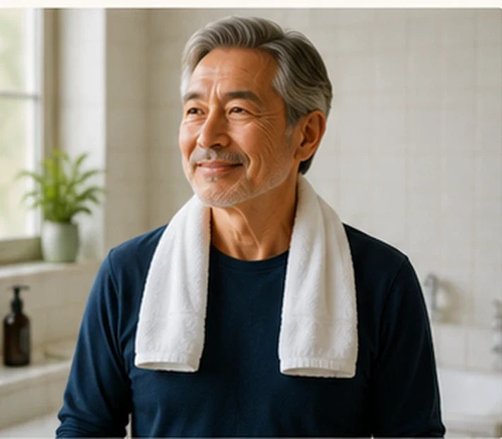 Older Japanese man with a towel after bathing in a bright bathroom