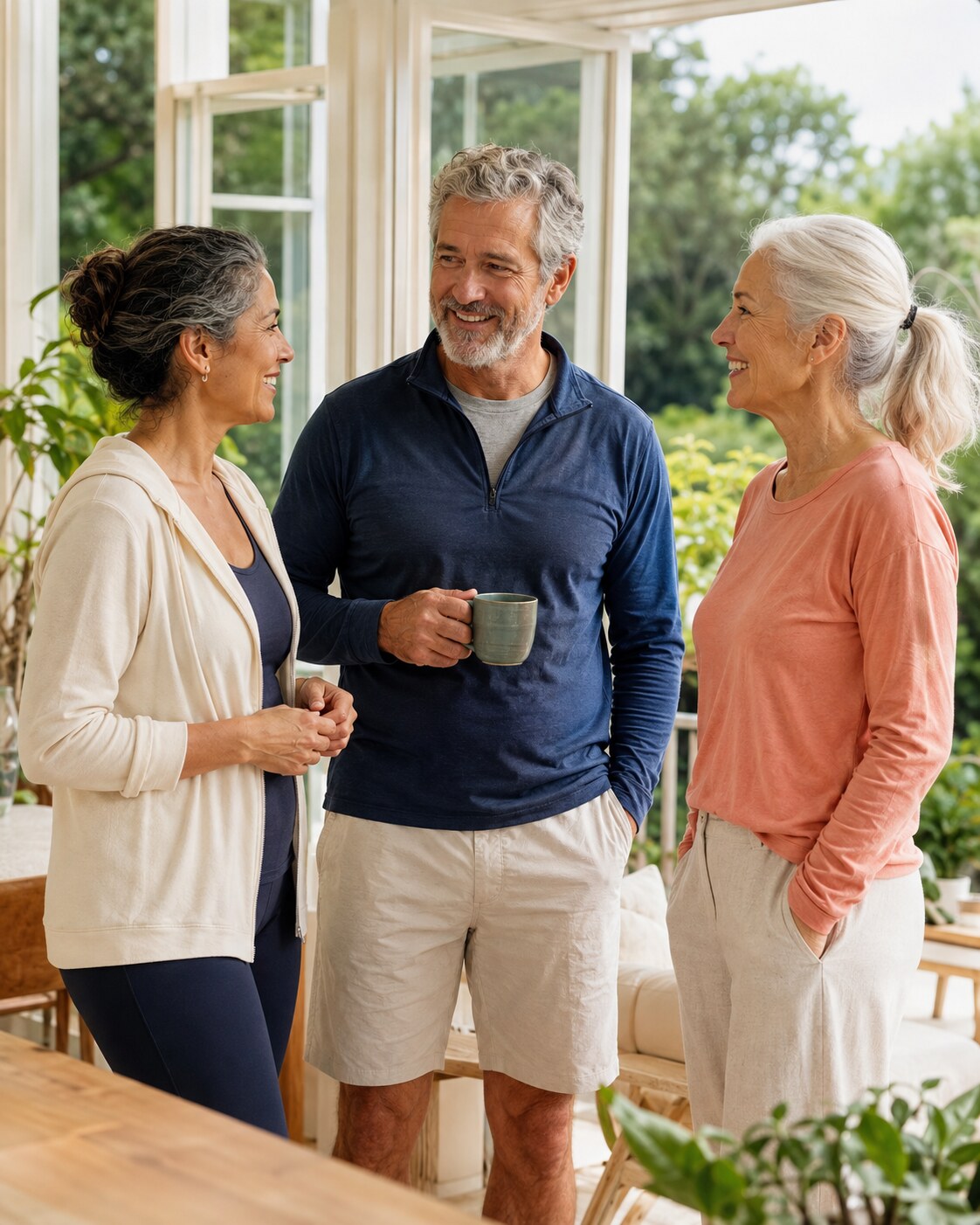 Three American adults in their 40s, 50s and 60s sharing a relaxed morning conversation