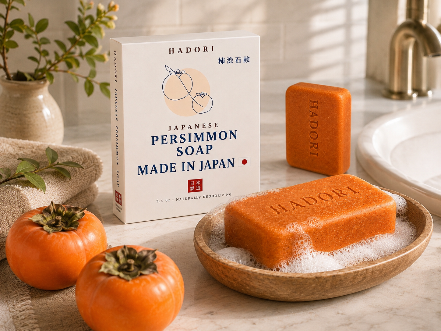 HADORI Japanese persimmon soap displayed on a bathroom vanity