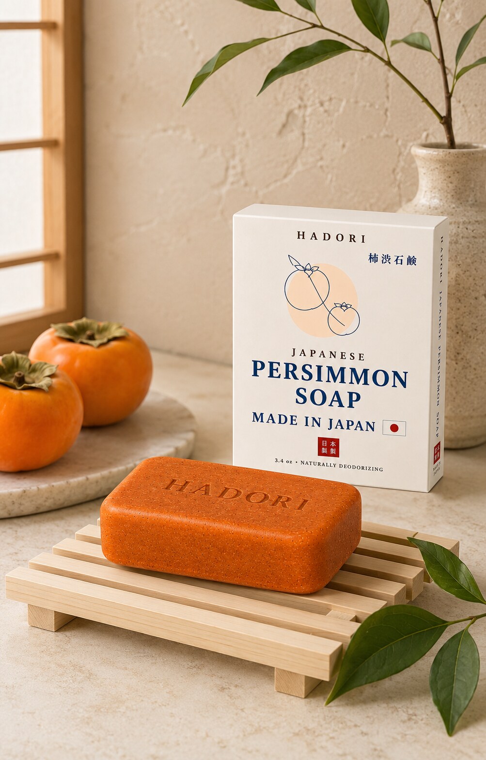 HADORI Japanese Persimmon Soap and genuine packaging with persimmons on a bath counter