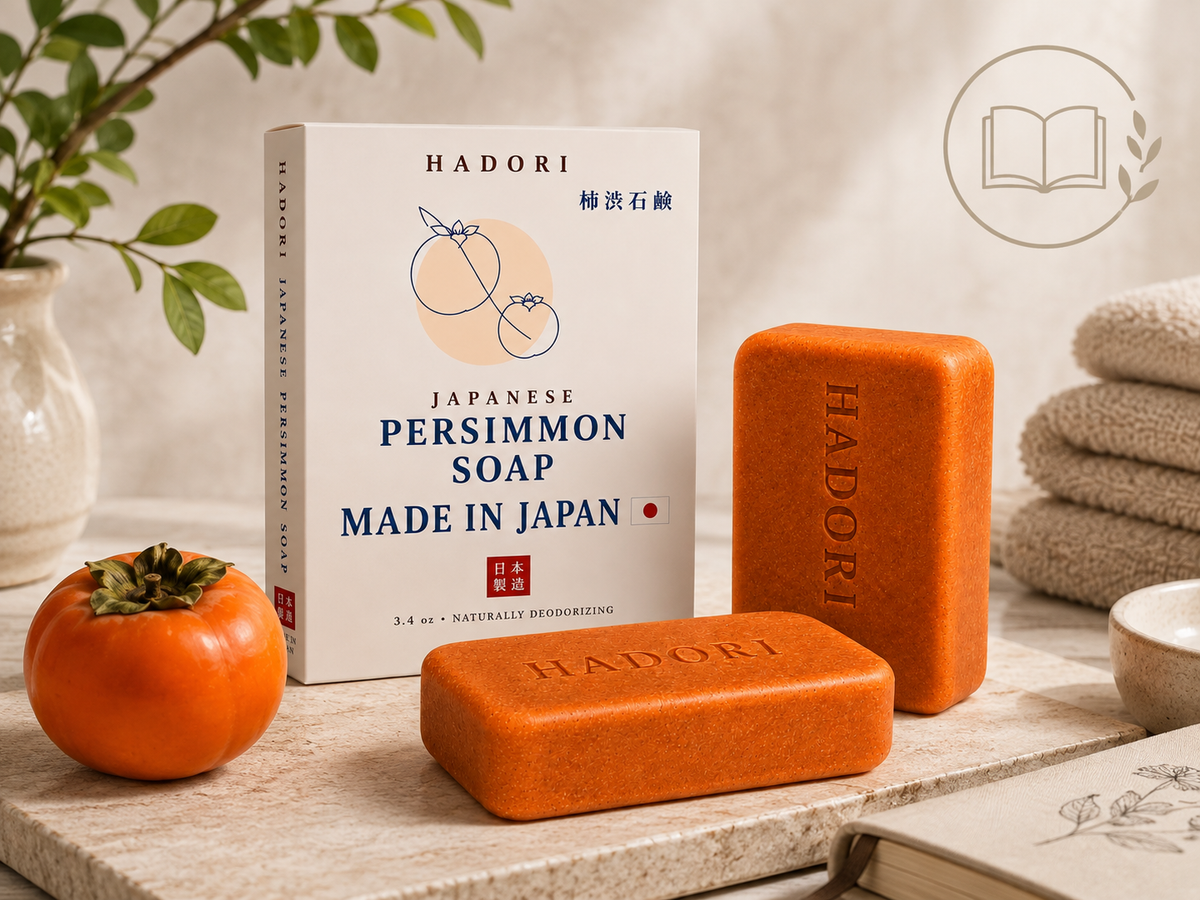 HADORI Japanese persimmon soap with persimmon in a warm bathroom setting
