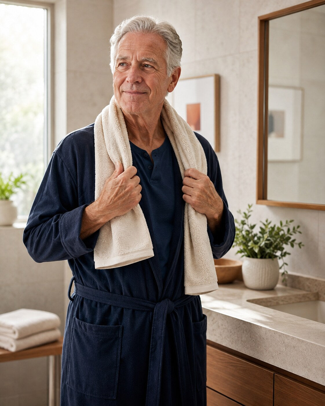 Older American man in a calm bathroom preparing a thoughtful daily cleansing routine