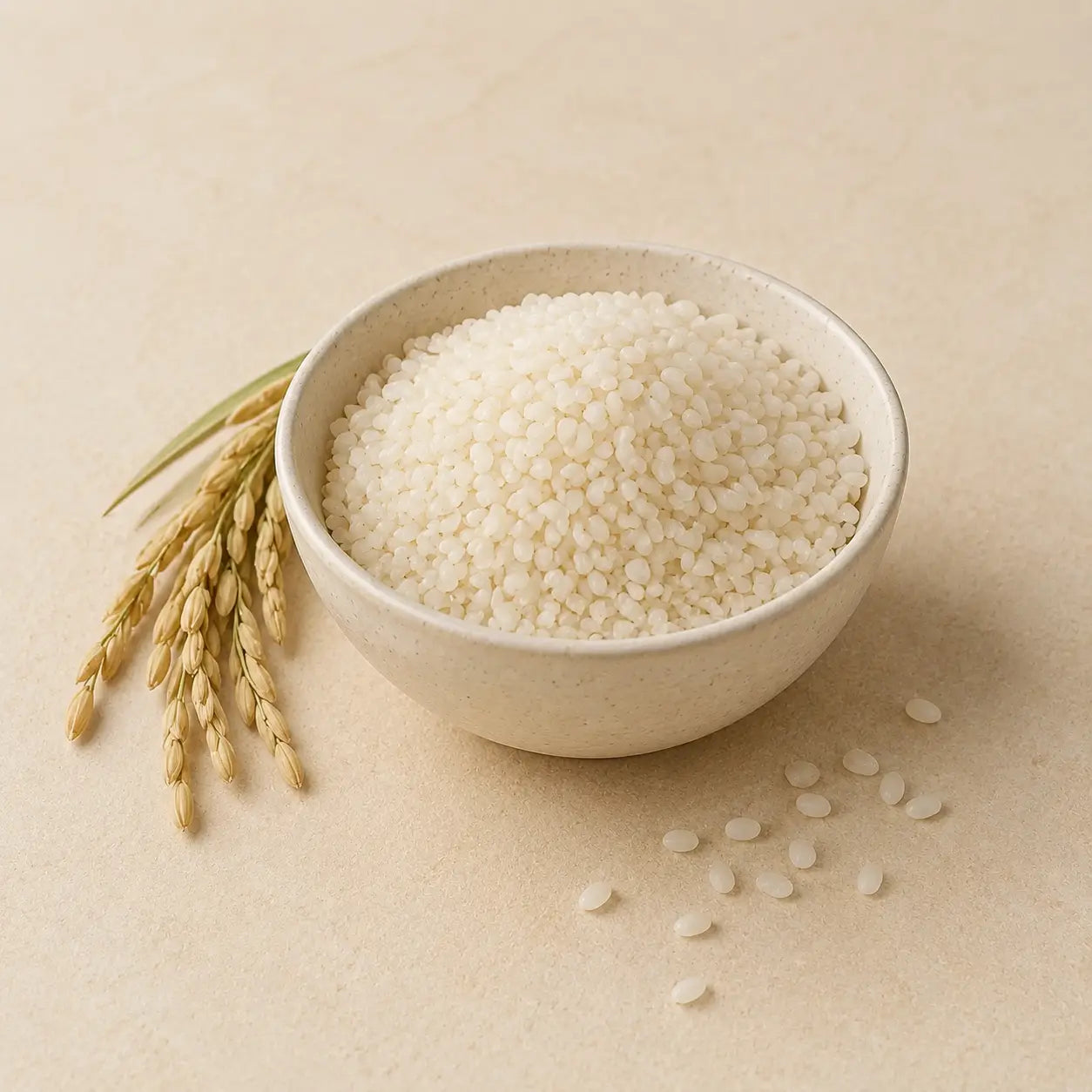 Pearly Japanese short-grain rice in an ivory ceramic bowl beside a rice stalk